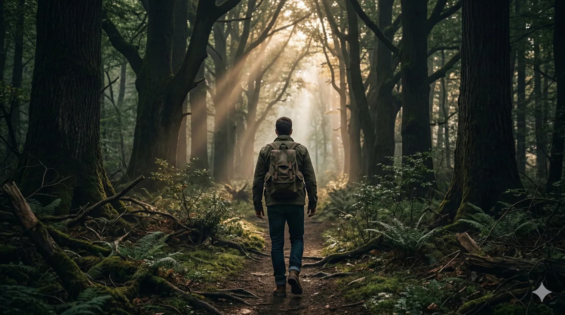 Man walking through misty forest with sunlight breaking through the canopy