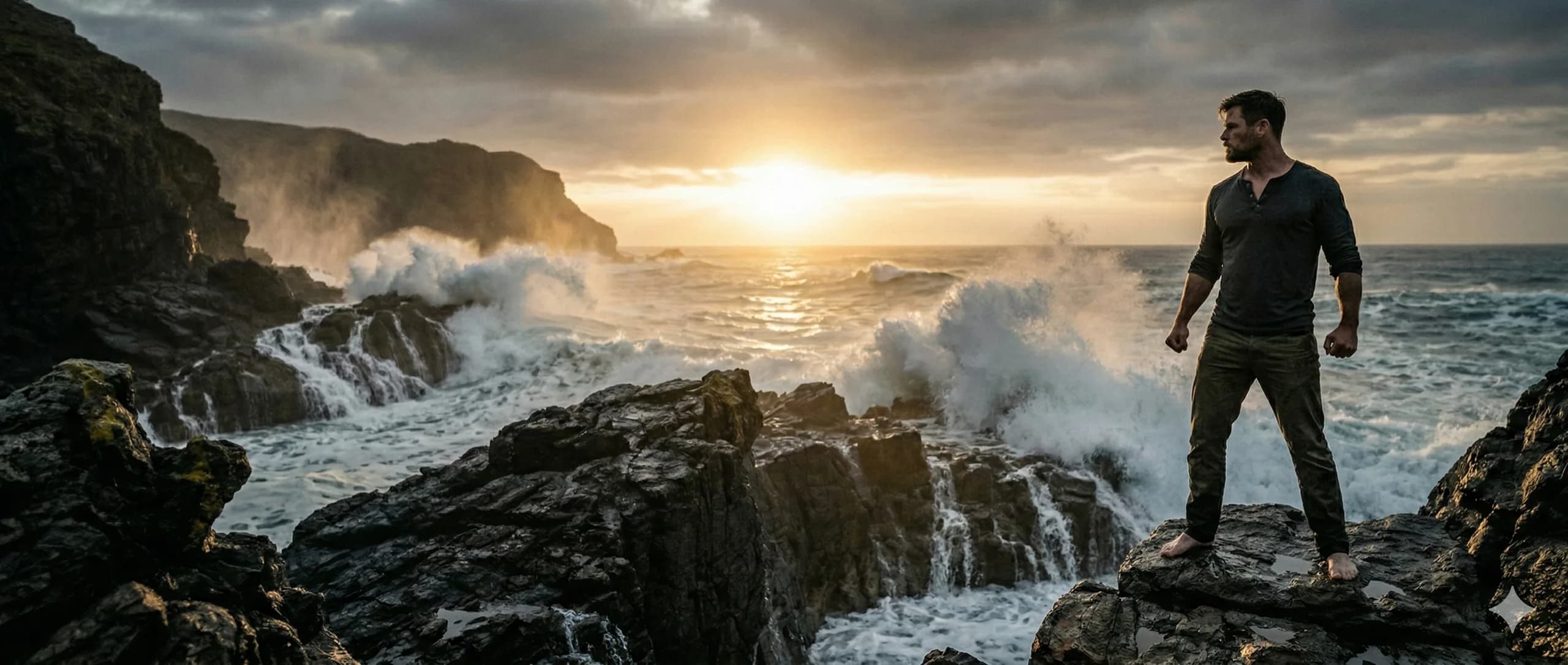 Man standing firmly on ocean rocks facing crashing waves at dawn