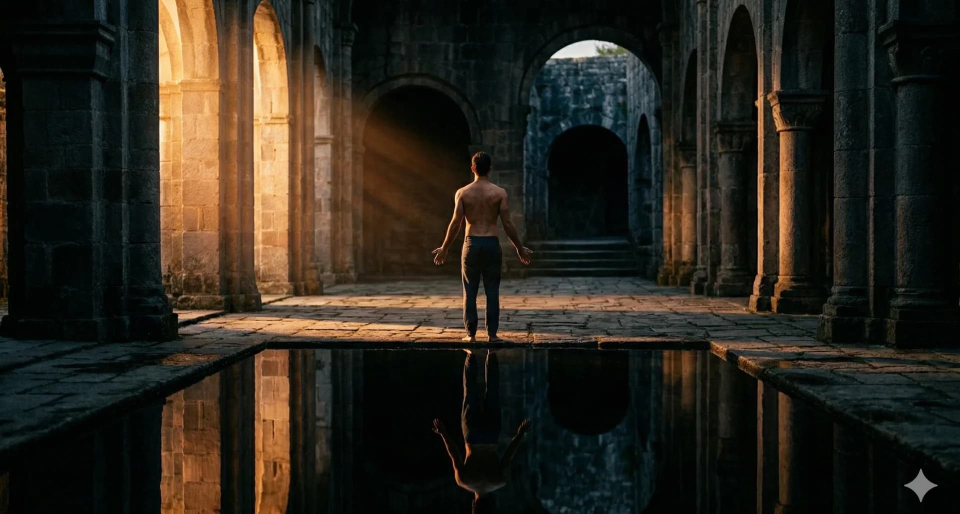 Man standing in ancient stone temple at golden hour with reflecting pool