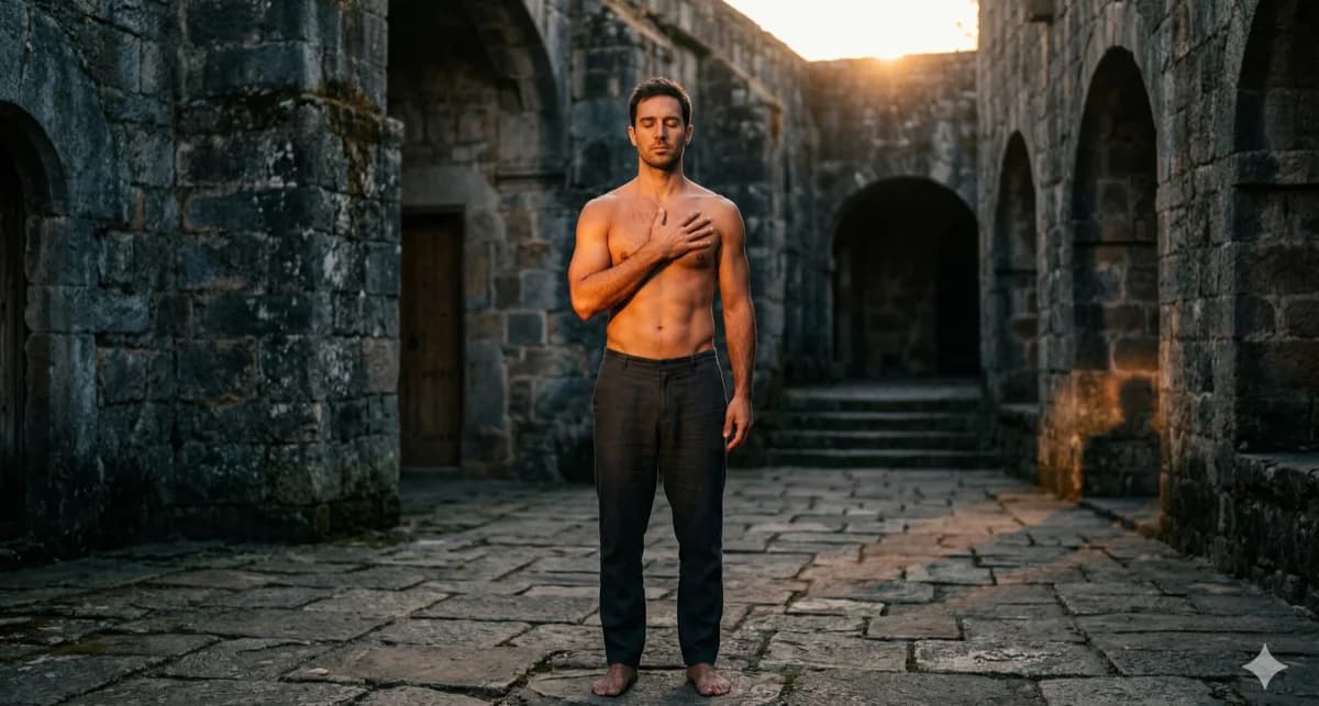 Man standing in stone courtyard with hand on heart at golden hour